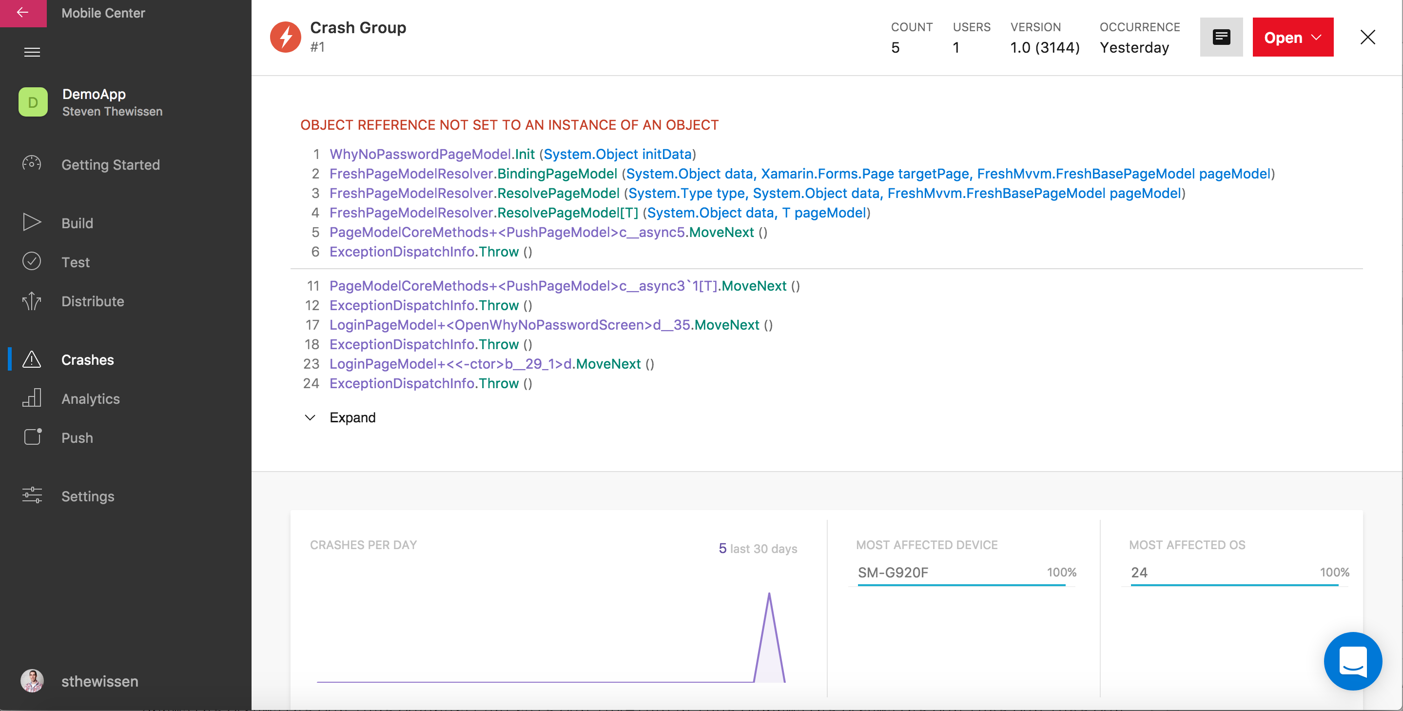 An error logged in Mobile Center
